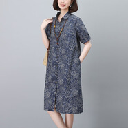皮爾卡丹（pierre cardin）純棉碎花連衣裙2025夏季新款短袖中長款百搭氣質(zhì)媽媽洋氣開衫裙子 藏青色 【開衫款 所有扣子可解開 M 【建議90-112斤】