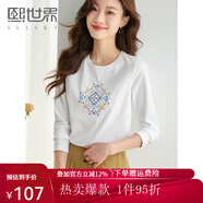 熙世界長(cháng)袖T恤女2025春季新款民族風(fēng)復古刺繡百搭寬松圓領(lǐng)體恤衫 珍珠白 M
