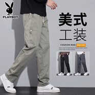 花花公子2025爸爸工裝褲男士秋季新款寬松直筒長(cháng)褲美式潮牌運動(dòng)休閑褲子男 2403淺綠色 XL 【建議125-140斤】