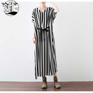 弄堂里23夏季新款原創(chuàng  )設計文藝寬松大碼蝙蝠袖黑白豎條紋雪紡連衣裙袍子 黑白條紋 XXS 腰帶有孔可穿