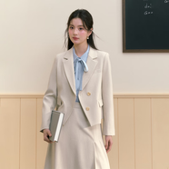 伯德小姐面試西服套裝女職業(yè)正裝考公氣質(zhì)休閑通勤教師西裝外套 DX164 米色西裝+百褶裙 S 適合90-100斤可穿