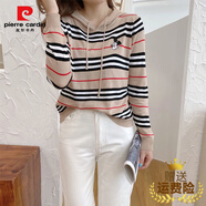 皮爾卡丹（pierre cardin）春夏女士小衫寬松帶帽針織衫連帽衛衣上衣橫條紋t恤女短袖薄 長(cháng)袖卡其 L 100-120斤