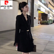 皮爾卡丹法式職業(yè)V領(lǐng)西裝蕾絲連衣裙2025春季新款拼接收腰顯瘦小黑裙1842 黑色 2XL 130-145斤