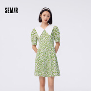 森馬（Semir）【連衣裙合輯】夏天女法式慵懶風(fēng)裙子復(fù)古學(xué)院風(fēng)針織裙雪紡碎花裙 G款法式翻領(lǐng)短裙-白綠色調(diào)00414 M