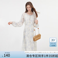 范思藍(lán)恩秋季法式度假風(fēng)暈染碎花連衣裙2024秋新款系繩收腰顯瘦裙子女 藍(lán)紫色碎花 S
