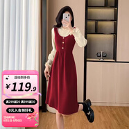 婧麒（JOYNCLEON）孕婦裝連衣裙子春秋款2025新款大碼假兩件孕媽高級(jí)感穿搭套裝 新年紅 L