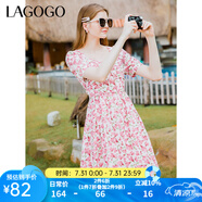lagogo全棉印花連衣裙女拉谷谷春夏新款方領(lǐng)泡泡袖甜美收腰A字裙 混色（Y0） M 160/38