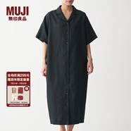 無印良品 MUJI 女式 法國亞麻水洗 五分袖開襟連衣裙 BCL08C0S 黑色 M-L