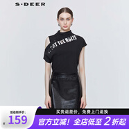 S.DEER圣迪奧夏季女裝挖肩字母通勤休閑短袖設(shè)計感不規(guī)則T恤S21280163 黑色/91 L 170