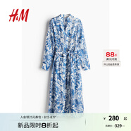 H&M女裝花卉連衣裙秋季優(yōu)雅氣質(zhì)系帶V領(lǐng)長(cháng)袖中長(cháng)襯衫連身裙1236832 白色/藍色花卉 160/88 S