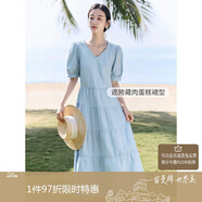 茵曼（INMAN）夏季法式花邊女裝V領(lǐng)連衣裙小清新甜美風(fēng)泡泡袖長(zhǎng)裙子 淺水藍(lán) XL