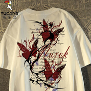 啄木鳥(niǎo)歐美高街蝴蝶印花純棉短袖t恤男女士夏美式oversize情侶潮牌上衣 白色 S （寬松版型的，尺碼偏大哦）