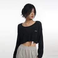浮夏跳爵士舞適合穿的衣服hiphop舞蹈短款長(cháng)袖T恤女寬松防曬露臍上衣 黑色 L 【收藏加購 優(yōu)先發(fā)貨】