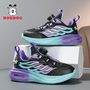 巴布豆（BOBDOG）男童鞋子2025春秋季新款防水兒童青少年跑步鞋軟底透氣女童運(yùn)動鞋 黑紫【春秋雙網(wǎng)】XFT590 37 鞋內(nèi)長23.5cm