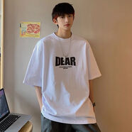 卡通美式t恤男oversize夏季寬松衣服ins潮牌半袖潮流高街時尚短袖 DEAR五分袖白色 L