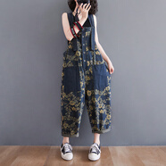 無(wú)標優(yōu)品九分褲女小個(gè)子高腰復古時(shí)髦印花牛仔背帶褲女夏季寬松小 藍色 M （建議90-110斤b