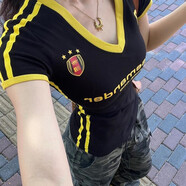 吉馬克（jimake）大碼胖MM顯瘦美式復(fù)古v領(lǐng)t恤正肩短袖球衣設(shè)計感收腰修身黑色上衣 黑色V領(lǐng)【優(yōu)質(zhì)版】-品牌臻選品質(zhì) S 【建議80-90斤內(nèi)】