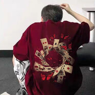 半雙短袖美式松弛感T恤寬松男裝T恤夏季2025復(fù)古撲克印花港風(fēng) 黑色短袖蝴蝶與撲克 S