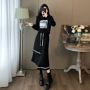 NPZ輕奢休閑運(yùn)動(dòng)套裝女新款秋冬時(shí)尚洋氣顯瘦不規(guī)則半身裙兩件套 黑色套裝 S碼（100斤以內(nèi)）