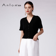 婭奴（A n l o m）Anlom/婭奴針織開衫薄款女短袖鏤空修身女氣質(zhì)V領(lǐng)薄款藍色上衣夏 黑色 115/XXXXL 均碼