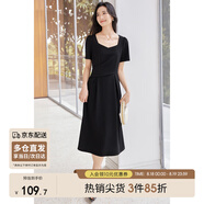 尚都比拉輕職場(chǎng)藍色連衣裙女夏季收腰中長(cháng)裙泡泡袖裙子 黑色152L80063  L