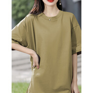 百家好（Basic House）/百家好遮屁股中長(cháng)款圓領(lǐng)短袖T恤女夏季百搭棉體恤 灰褐色 S 100-120斤