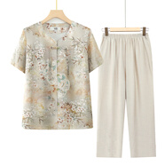 俞兆林（YUZHAOLIN）中老年人夏裝女國風(fēng)套裝媽媽短袖襯衫老人衣服奶奶夏天開(kāi)衫兩件套 黃色+米色闊腿褲 3XL 建議120-135斤