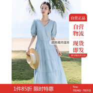 茵曼（INMAN）夏季法式花邊女裝V領(lǐng)連衣裙小清新甜美風(fēng)泡泡袖長裙子 淺水藍(lán) L