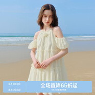 樂町掛脖山茶少女娃娃裙遮肉花苞袖短裙兩穿約會(huì)裙度假裙 米黃（現(xiàn)貨） S