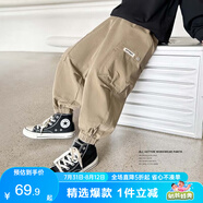 左西男童工裝褲兒童褲子2025春秋款純棉戶(hù)外休閑褲寬松長(zhǎng)褲 卡其色140