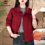 AEMAPE時尚減齡牛仔短外套女2025春秋新款顯瘦時髦中老年媽媽裝夾克上衣 酒紅色 常規(guī) M