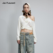JAC FLEURANT2025秋新品涂鴉印花彩色LOGO慵懶斜肩長袖顯瘦松弛 米白色 M (36)
