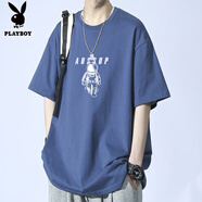 花花公子（PLAYBOY）夏季純棉短袖t恤男生潮牌寬松青少年初中高中學(xué)生大童五分袖體恤 T189 藍(lán)色 S 80-90斤可穿