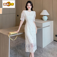 初徑2025新款夏季法式氣質(zhì)中長(cháng)款刺繡收腰包臀顯瘦蕾絲短袖連衣裙 杏色 S 建議80-95斤