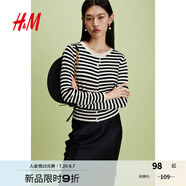 H&M女裝毛針織衫夏季慵懶風(fēng)圓領(lǐng)長袖打底衫短款外套0579541 黑色/條紋 L 170/104