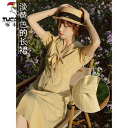 啄木鳥桂花色西裝領蝴蝶結(jié)法式系帶短袖連衣裙女夏季新款中長款連衣裙女 黃色 【收藏關注店鋪優(yōu)先發(fā)貨】 S 【建議75-95斤】