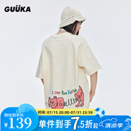 古由卡（GUUKA）潮牌短袖t恤男士打底衫夏季男裝新款青少年上衣服寬松五分半截袖 奶黃色 動物系列F6507 S