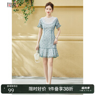 固執(zhí)（OBSTINATE）【特價(jià)】夏季新款復(fù)古氣質(zhì)減齡蕾絲拼接圓領(lǐng)短袖碎花連衣裙 孔雀藍(lán) 160/80A/S