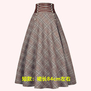 FHHUABD復(fù)古宮廷秋冬季毛呢格子半身裙女長款高腰綁帶大擺裙傘裙 咖色格紋半身裙（短款） 裙長85左右 L
