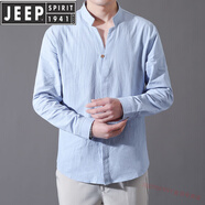 JEEP SPIRIT純棉男土長(zhǎng)袖t恤夏季薄透氣棉麻襯衫中國(guó)風(fēng)男士戶(hù)外防曬工作服 8K01長(zhǎng) 袖藍(lán)色 M (80-斤)