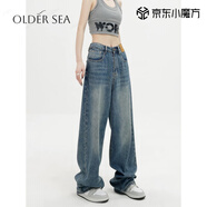 OLDER SEA藍(lán)色復(fù)古美式直筒寬松牛仔褲女垂感闊腿長褲今年流行新款褲子女 藍(lán)色 M 建議100-110斤