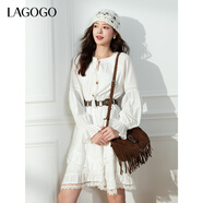 LAGOGO公主風(fēng)白色長(cháng)袖連衣裙女拉谷谷2025夏秋新款純棉蕾絲蛋糕裙 米白色 S