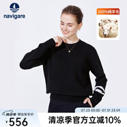 Navigare意大利小帆船毛衣女秋冬款保暖圓領(lǐng)內(nèi)搭針織衫純羊毛撞色打底衫 黑 M
