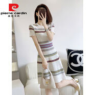 皮爾卡丹氣質(zhì)收腰顯瘦時(shí)尚橫條紋冰絲針織連衣裙2025夏季新款短袖裙子 白色針織條紋連衣裙 M 建議96斤-105斤