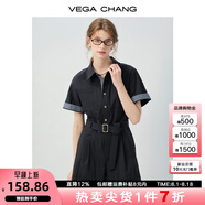 VEGA CHANGVEGA CHANG連體褲女2025年新款夏季翻領(lǐng)格紋拼接收腰短褲連身衣褲 檀木黑 M