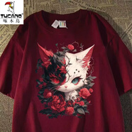 啄木鳥復古短袖T恤男女純棉夏季潮牌純棉寬松體恤美式半袖上衣服男裝 酒紅色 XL （120-145斤）