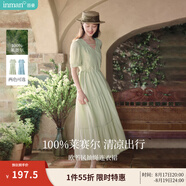 茵曼（INMAN）法式薄荷曼波連衣裙2024夏女裝新品V領(lǐng)燈籠袖抽繩 水沫綠 L
