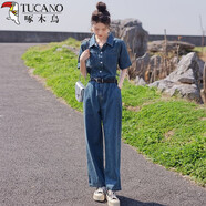 啄木鳥(niǎo)短袖工裝牛仔連體褲女2025夏季新款顯高顯瘦遮肉闊腿薄款連衣長(zhǎng)褲 牛仔藍(lán)色 送腰帶 M 100-110斤