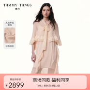 糖力商場(chǎng)同款 輕奢系列 2025夏新款斗篷荷葉邊真絲喬其紗連衣裙女 花色 粉色 輕柔真絲喬琪 兩件式 M