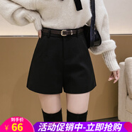 歐貝汐短褲女春秋冬季2025新款休閑女裝小個(gè)子高腰毛呢闊腿褲加厚外穿 黑色 L